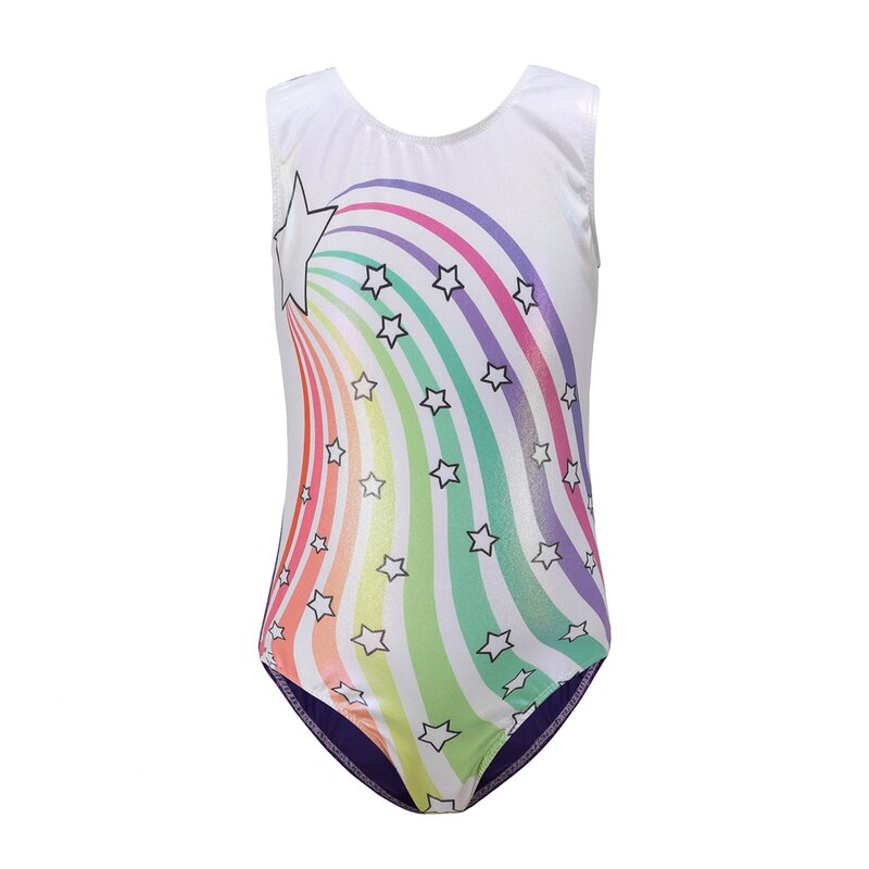Girls' Gymnastics Leotards 5-14 Years Old Sparkly One-Piece Stripe Star Print Athletic Sleeveless Dancewear Bodysuit Activewear