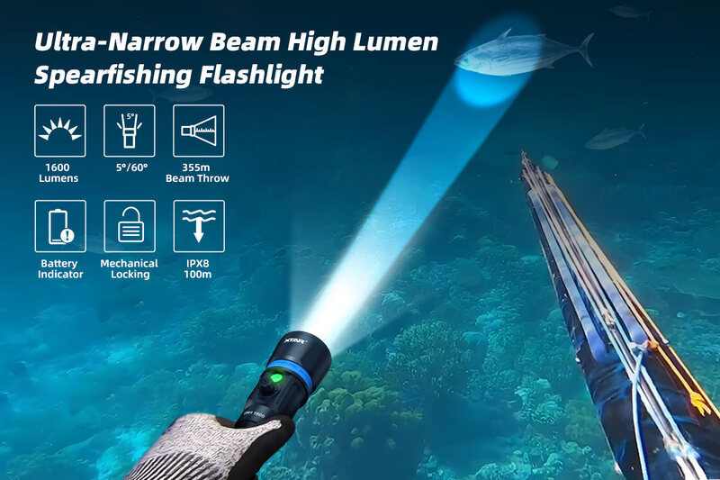 XTAR DH1 1600 Flashlight LED Dive Torch High Lumen Spearfishing Flashlight Single Switch Cave Camping Search Portable Spotlight