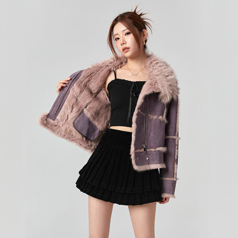 2024Spring And Autumn Short Style Fur Women's Sheepskin Jacket,Tanned Suede Fabric With 100%Natural Rabbit Lining,Luxury Fashion