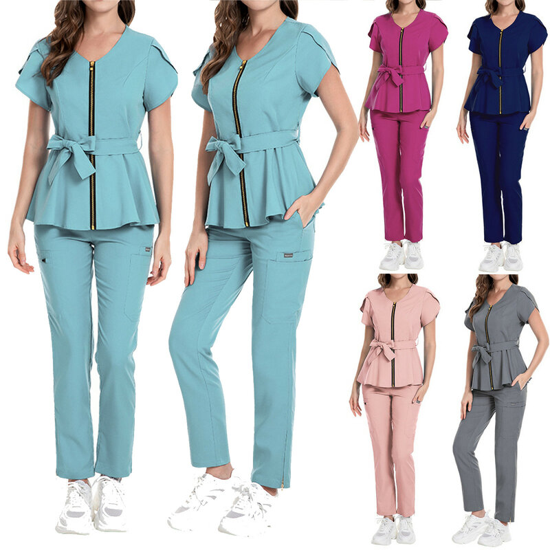 Nurses Uniform Workwear Scrubs Tops+pants Suit Solid Color Nurse Uniform Short Sleeved Pocket Blouse Pharmacy Dentistry Workwear