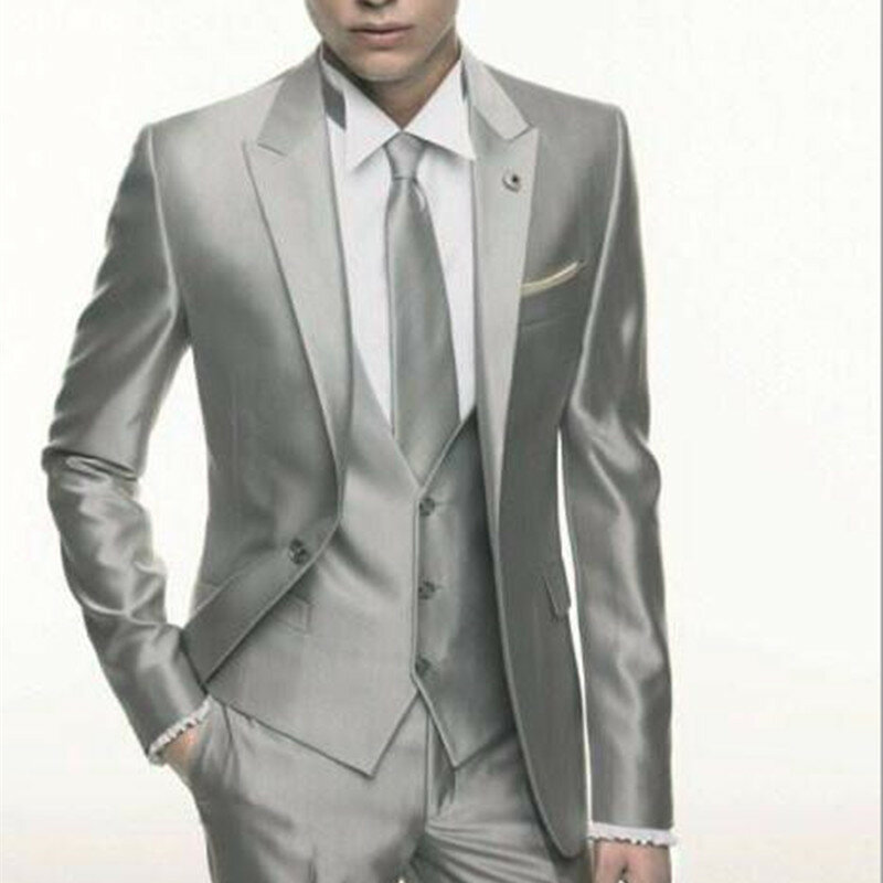 Silver Grey Satin Wedding Men Suits Slim Set Formal Skinny Stylish Male Blazer Party Custom Tuxedo 3 Piece Vestidos Suit for Men