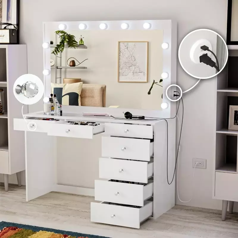 Wide Hollywood Mirror Vanity Makeup Desk Crystal Ball manopole 58.2 ''Hx47.3'' Wx16.9 ''D Glam Glass Top Furniture per Room Dresser