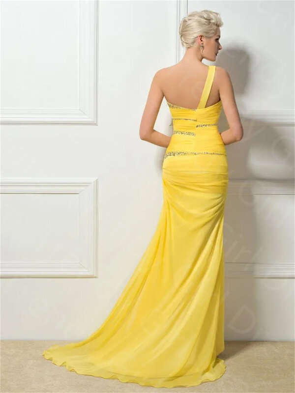우아한 노란색 3D 쉬폰 긴 이브닝 드레스, 무도회 드레스, 원 숄더 맞춤 구슬 장식 이브닝 가운, 파티 드레스