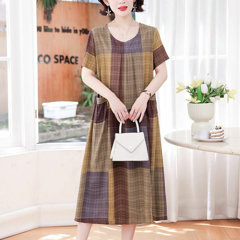 Vestido Vintage holgado de manga corta para mujer, ropa de oficina de gran tamaño, cuello redondo, estampado, bolsillos, pliegues, 2024