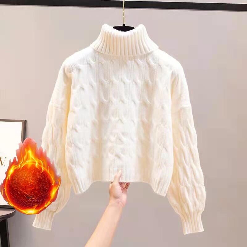 Korean Thick High Neck Sweater Women Fashion Fried Dough Twists Thread Soft Lantern Sleeve Temperament Gentle Solid Winter Top