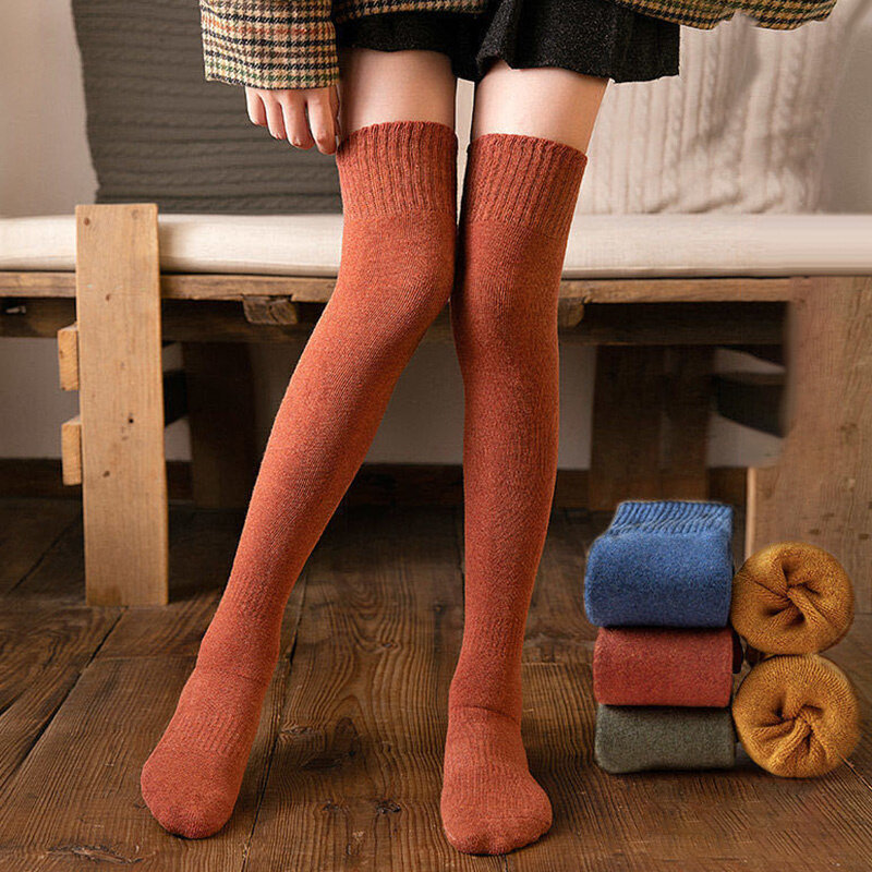 Calcetines largos de tubo por encima de la rodilla para mujer, medias térmicas gruesas y cálidas, informales, de Color sólido, de felpa, para invierno, novedad