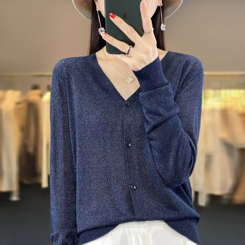 ZYCZCXX 2024 Spring New V-neck Knitted Cardigan Women's Thin Sweater Loose Fashion Sweater High Quality Solid Color Knitted Top