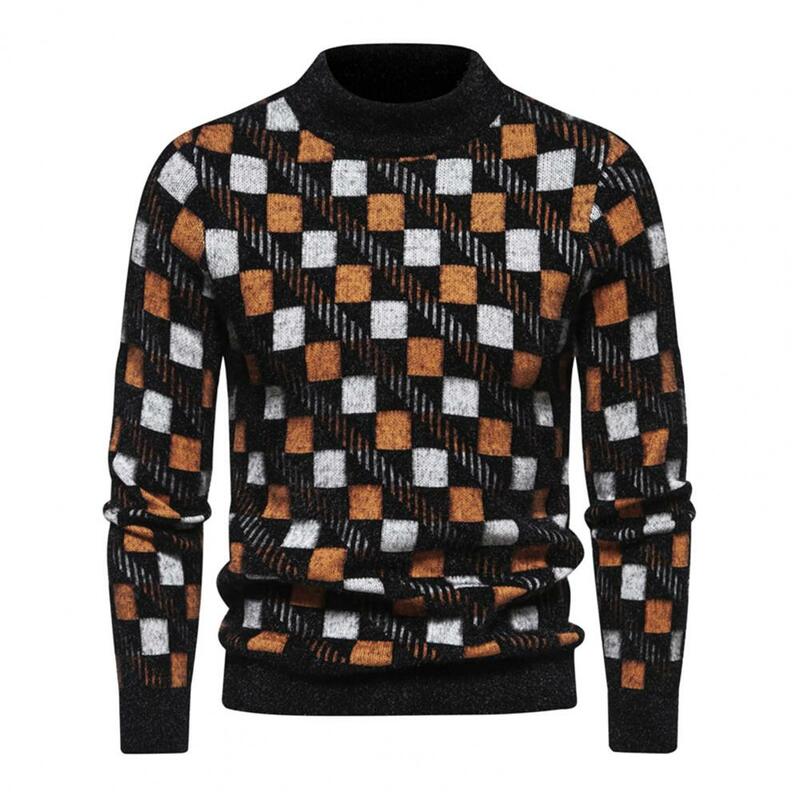 Men Round Neck Sweater Geometric Pattern Sweater Geometric Print Plush Men's Sweater Warm Round Neck Pullover for Business Fall