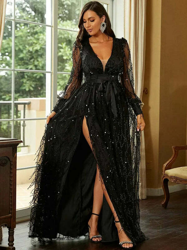 2023 New Long Sleeve Tassel Sequins Prom Dress Evening Dresses Women