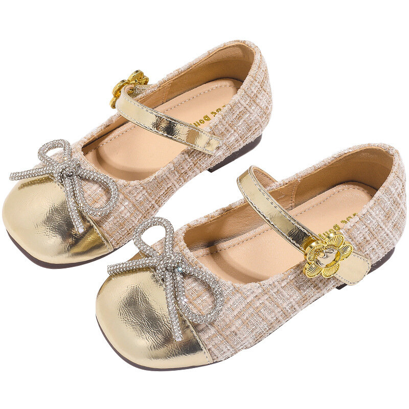Girls' Little Leather Shoes Spring New Student Square Head Leather Shoes Children's Princess Mary Jane Shoes Beige Single
