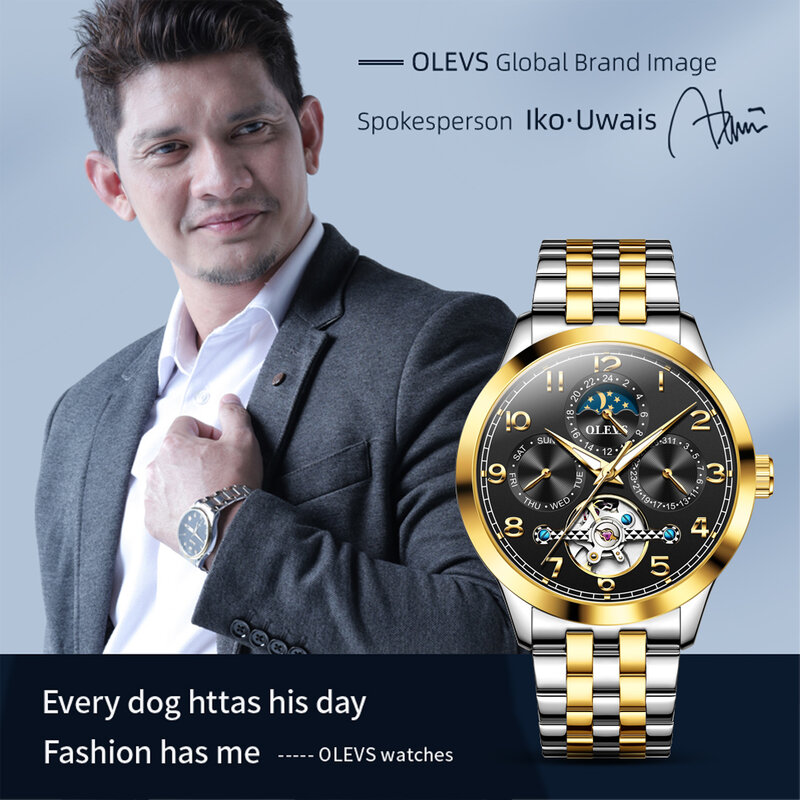 OLEVS-Relógio Mecânico Totalmente Automático Impermeável Masculino, Fase da Lua, Bracelete Aço Inoxidável, Luminoso, Top Luxo, Original