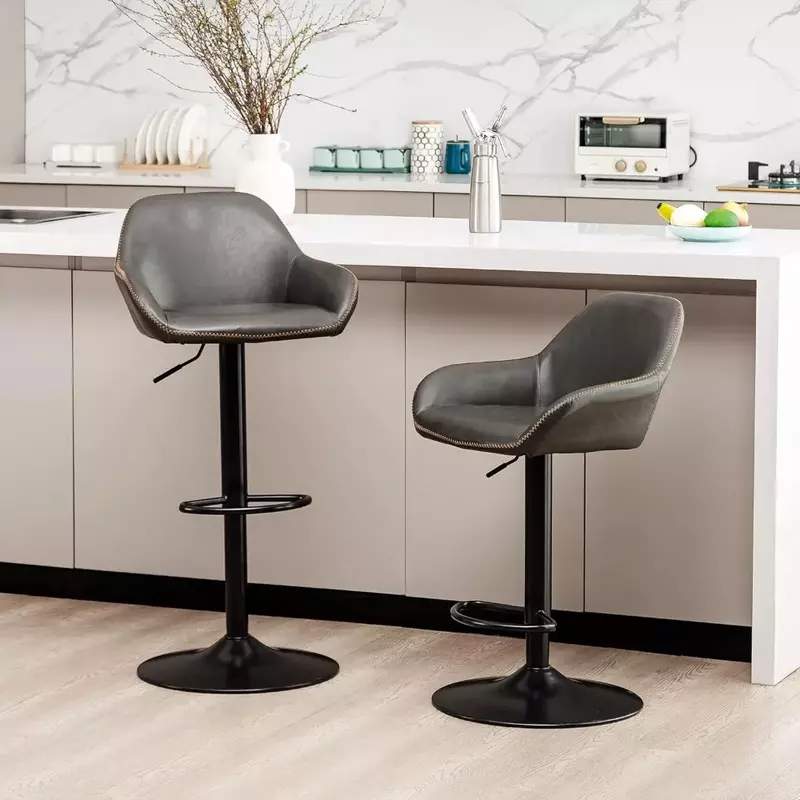 Bar Stools Set of 2, Vintage Swivel Leather Adjustable Bars Chairs with Backrest and Footrest, Bar Chair