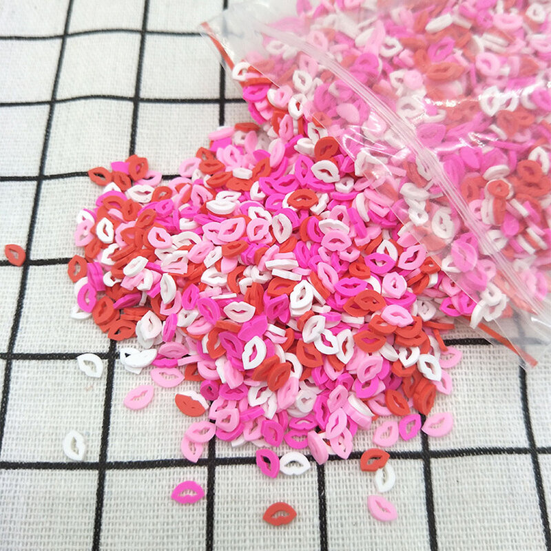 Soft Polymer Clay Encantos para Nail Art Decoração, fatias de lábios para o Dia dos Namorados, colorido, rosa, vermelho, doce, DIY, 5mm, 10g por saco