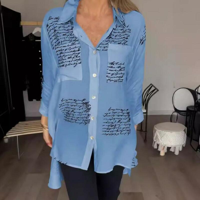 Women Shirt Stylish Women's Long Sleeve Button Down Shirt Dress with Letter Print Casual Mid-length Streetwear Top for Summer