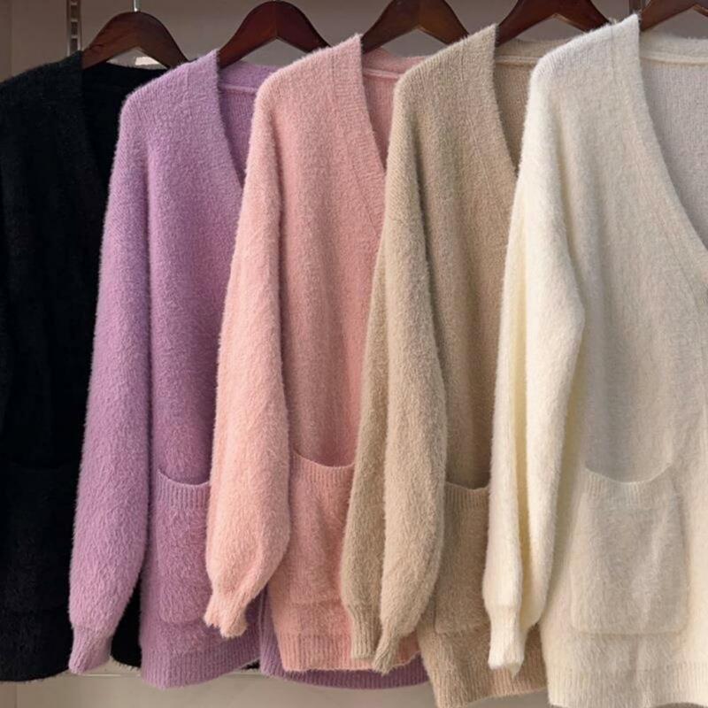 Cardigã de malha para mulheres, suéter de peito único, jaqueta monocromática, botões, gola V elástica, roupa diária, inverno e outono