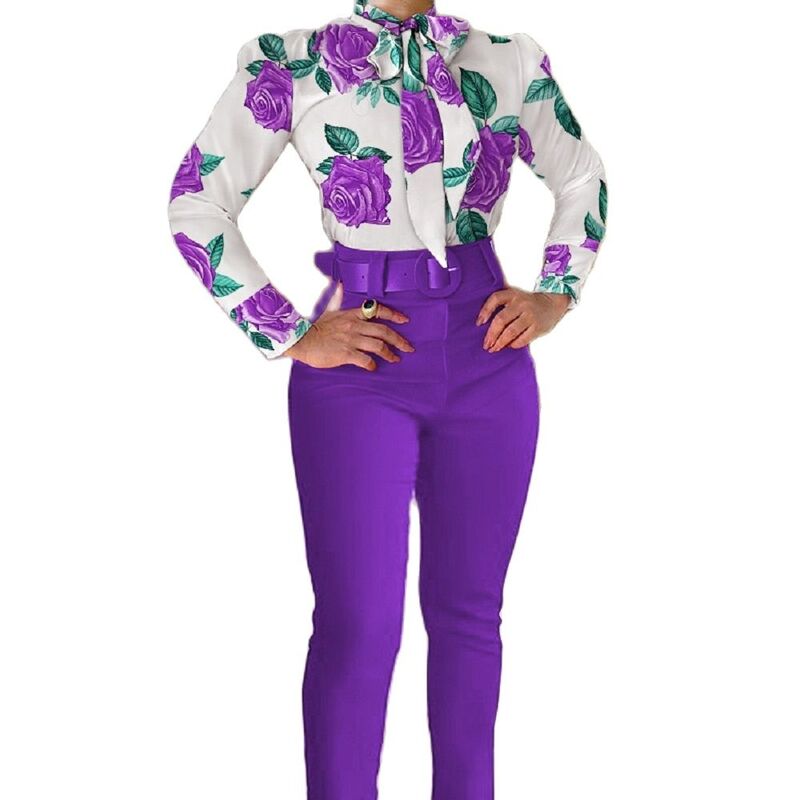Женский офисный костюм с винтажным принтом, Повседневная рубашка с длинным рукавом и брюки-карандаш с высокой талией, весна-осень 2022