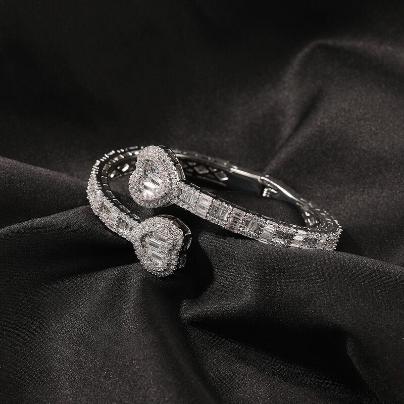 Uwin Baguette CZ Heart 6mm gelang manset dapat disesuaikan Bling kubik zirkonia mewah Rapper Hiphop perhiasan hadiah Punk