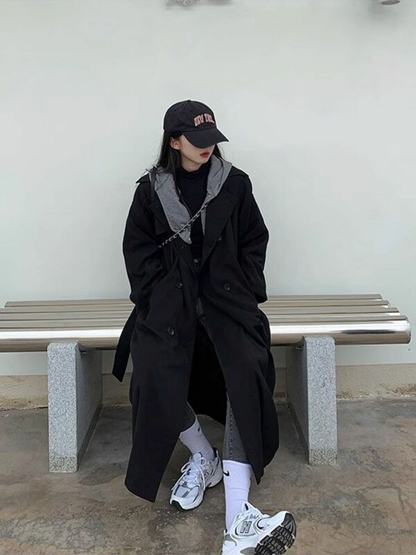الراقية معطف الصوف الأسود ، النسخة الكورية من نمط الكلية ، معطف مقنعين ، طول الركبة ، متوسطة الطول
