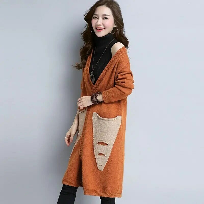 여성용 니트 가디건 롱 스웨터, 중간 길이 큰 스웨터 재킷, 한국 버전, 가을, 겨울, 신상