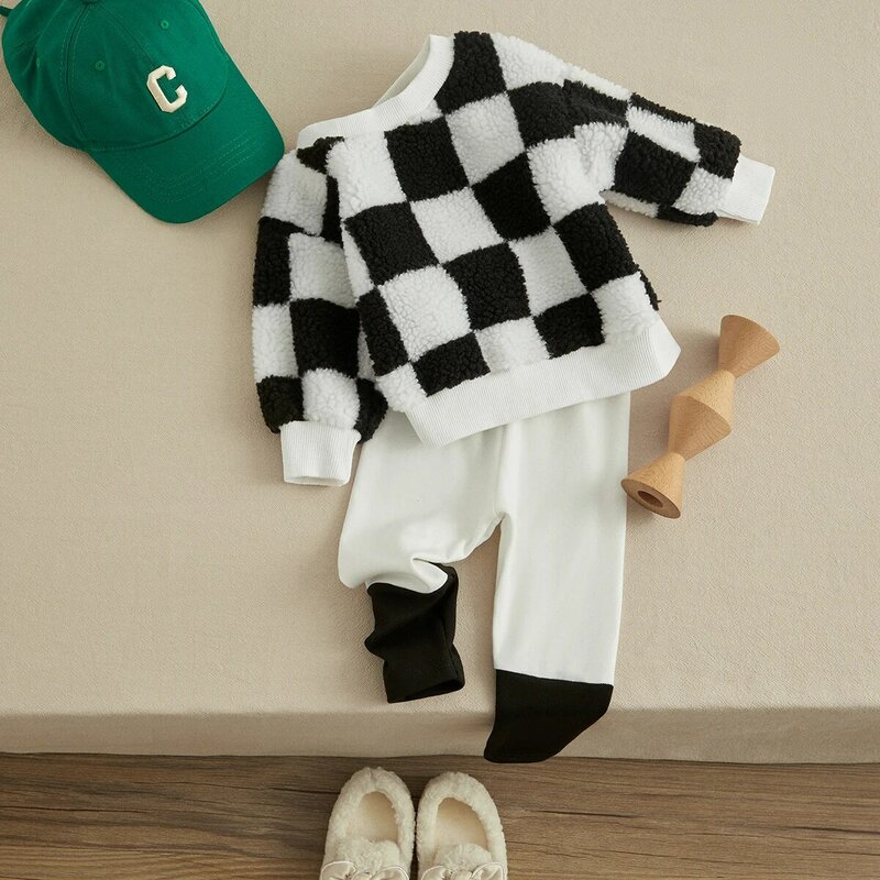Visgogo coreano criança menino roupas outono inverno quente conjunto de manga longa xadrez impressão cordeiro velo pulôver contraste cor calças