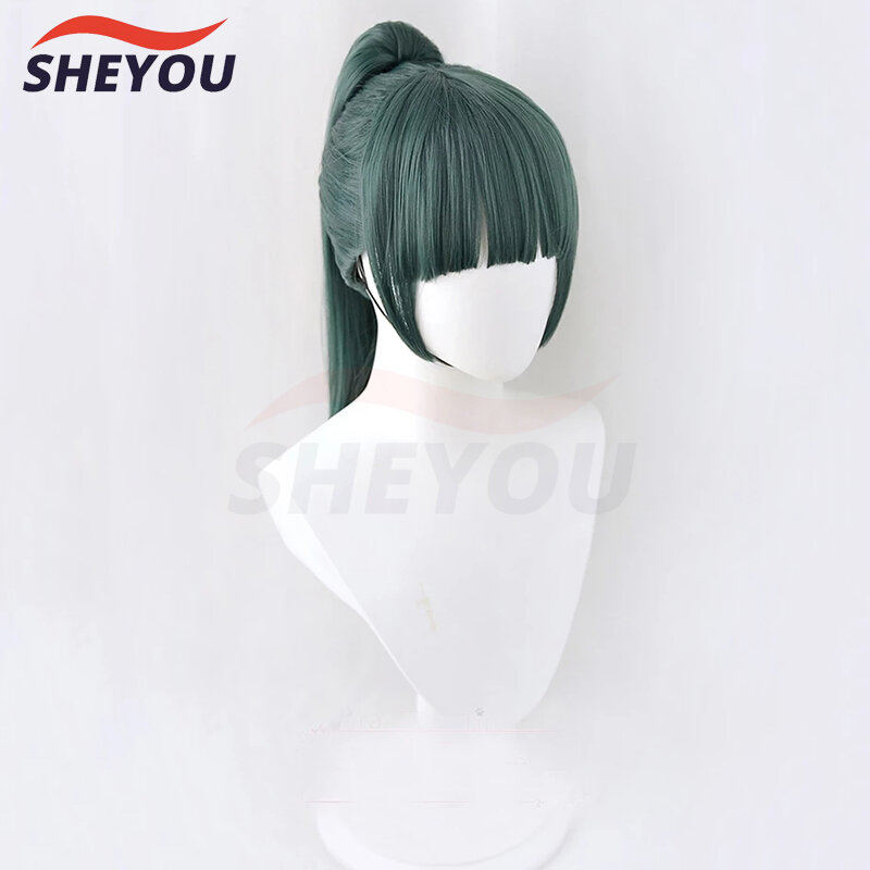 Wig Cosplay Maki Zenin Anime, rambut palsu Cosplay hijau gelap, ekor kuda tahan panas sintetik + topi Wig + kacamata