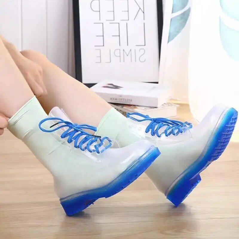 Sepatu hujan Jelly transparan wanita baru 2023 sepatu sol lembut antiselip sepatu AIR renda atas tinggi gratis pengiriman modis karet