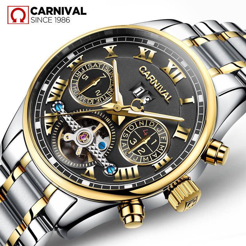 カーニバル-男性用自動機械式トゥールビヨン時計、スポーツ腕時計、高級ブランド、ファッション、男性用時計
