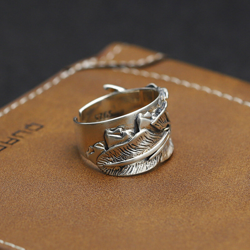Cincin bulu perak S925 antik untuk pria dan wanita, tren Hip Hop edisi lebar kepribadian cincin terbuka hadiah perhiasan