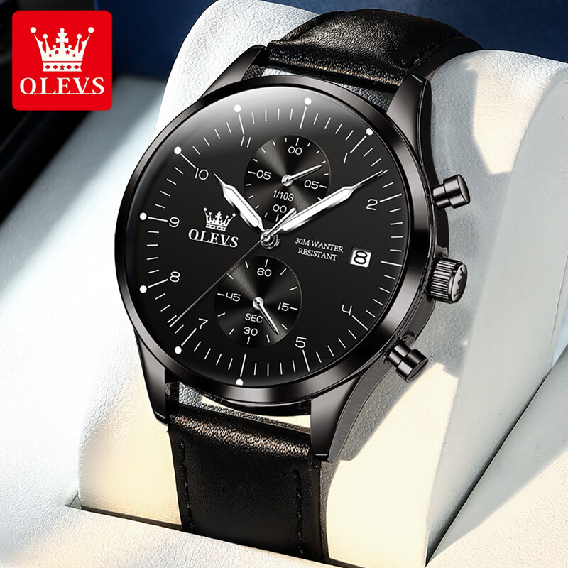 OLEVS-Montre à quartz chronographe en cuir étanche pour homme, montre-bracelet masculine, date Shoous, marque supérieure, mode de luxe