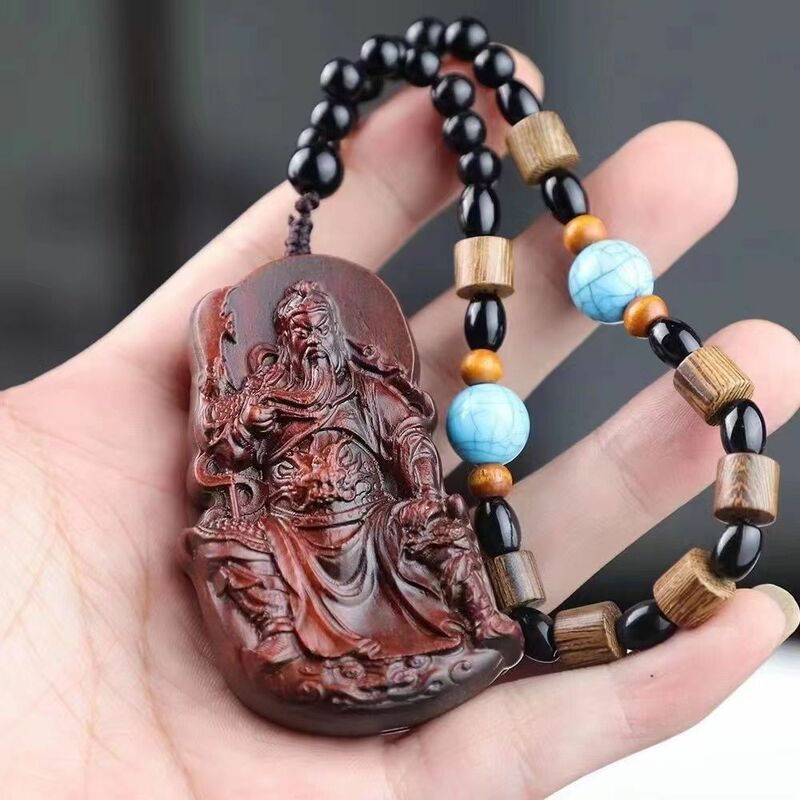 Natural Rhino Horn Rosewood God of Wealth GuanGong lord GuanYu 7.2*3.5*1.6 Handle Men's Carving Crafts Solid Wood Play Pendant