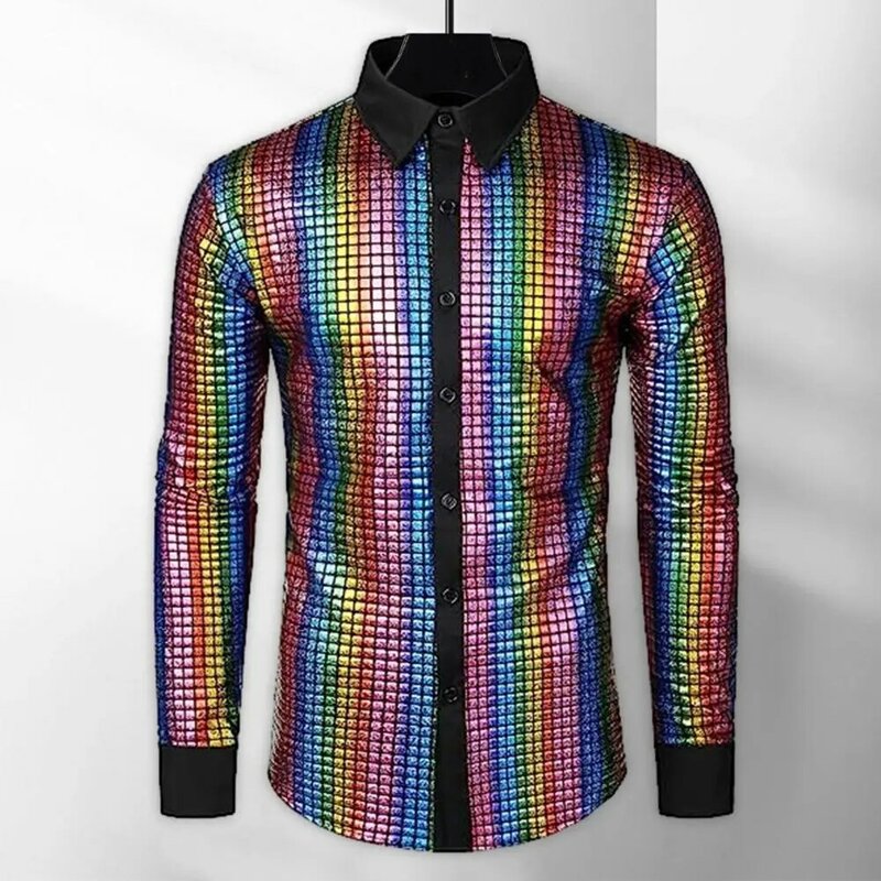 Men Disco Shirt Shiny Smooth Sequin Stand Collar Club Performance Shirt Single-breasted Turn-down Collar Long Sleeve Vintage Top
