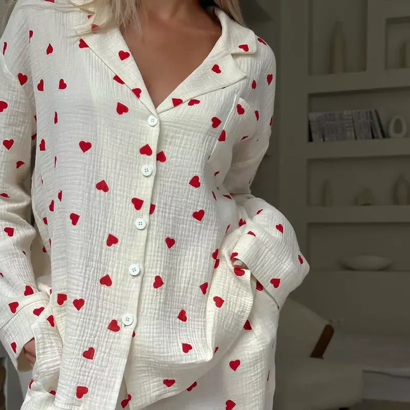 Loungewear de algodão feminino estampado em coração, pijamas casuais de peito único, calças de manga comprida, bolso, conjuntos de duas peças, roupas femininas novas