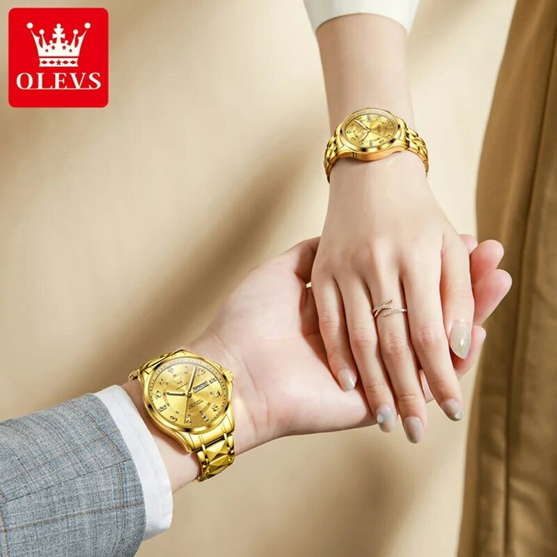 Olevs-男性と女性の防水クォーツ時計、ステンレス鋼ストラップ、オリジナルのカップルの時計、ゴールド、高級、プルオーバー、ロマンチック