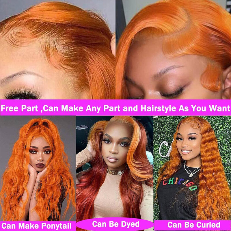 Perruque Lace Front Wig Body Wave brésilienne naturelle, cheveux humains, couleur orange, invisible, 13 tage, pre-plucked, pour femmes africaines