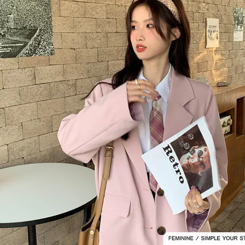 Insozkdg Gentle Pink Women's Suit Blazer Spring Autumn Temperament Korean Style Loose Casual Solid Single-breasted Suit Jacket
