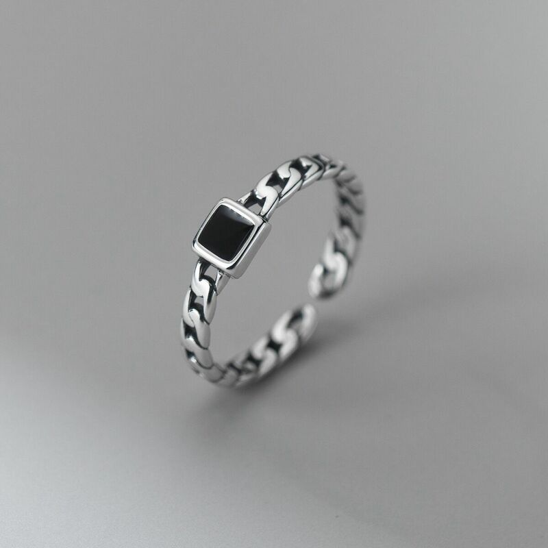 100% Solid 925 Sterling Silver Retro Black Stone Rings For Women Simple Trendy Retro Anillos Party Gifts Accessories
