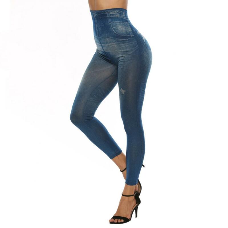 2023 kobiet rozciągliwe, smukłe, imitacja dżinsów z wysokim stanem smukłe spodnie ołówkowe sportowe legginsy