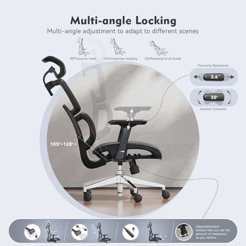 Kursi kantor ergonomis, kursi meja punggung tinggi dengan penyangga pinggang, sandaran kepala dapat disetel, kursi kantor ergonomis dengan sandaran tangan 4D