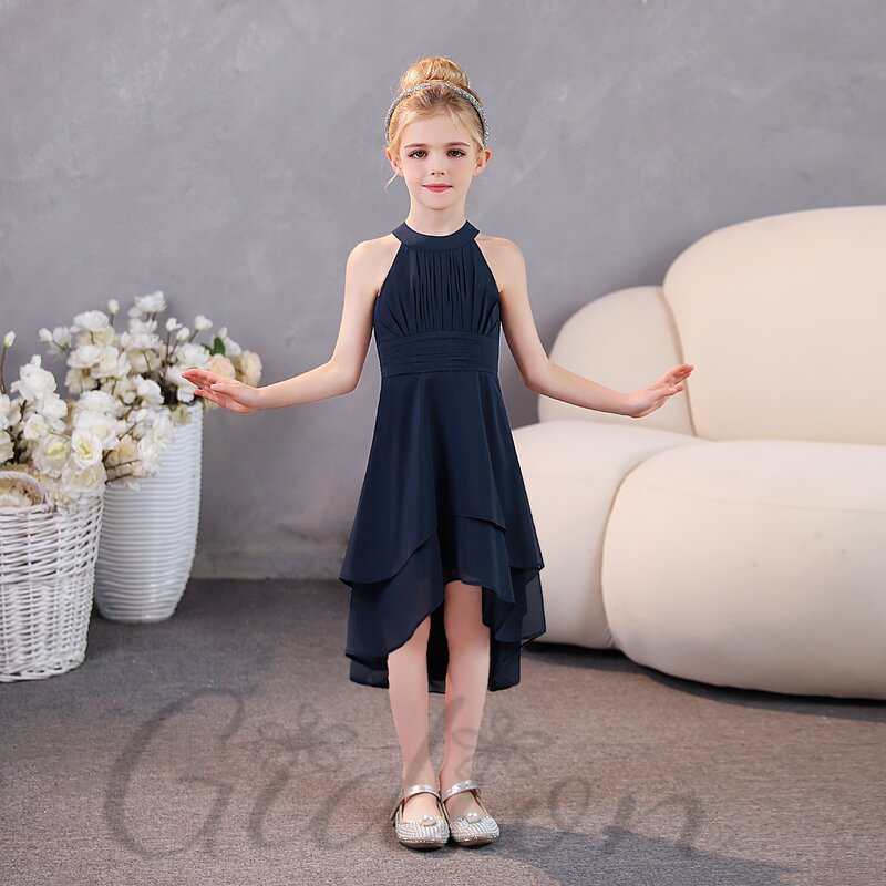 Assymetrical Chiffon Junior Bridesmaid Dress For Kids Prom Night Wedding Ceremony Pageant Show Birthday Party Ball Evening-Gown