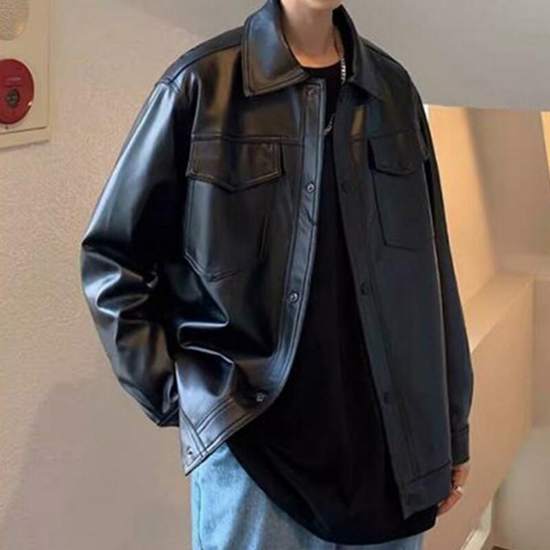 Men Retro Jacket Men's Spring Fall Faux Leather Jacket With Turn-down Collar Breast Pocket Button Closure Black Coat For Male