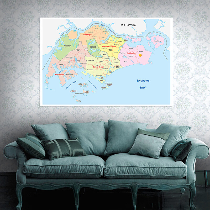 150*100cm singapur mapa administracyjna w języku angielskim plakat artystyczny włóknina płótno malarstwo Unframed drukuj Home Decoration
