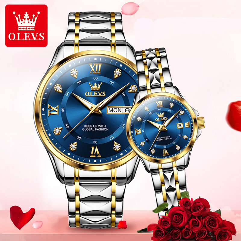 OLEVS นาฬิกาคู่แบรนด์หรูพร้อมวันที่นาฬิกาควอตซ์เรืองแสงกันน้ำคนรักโรแมนติกเดิมนาฬิกาผู้ชายและผู้หญิง