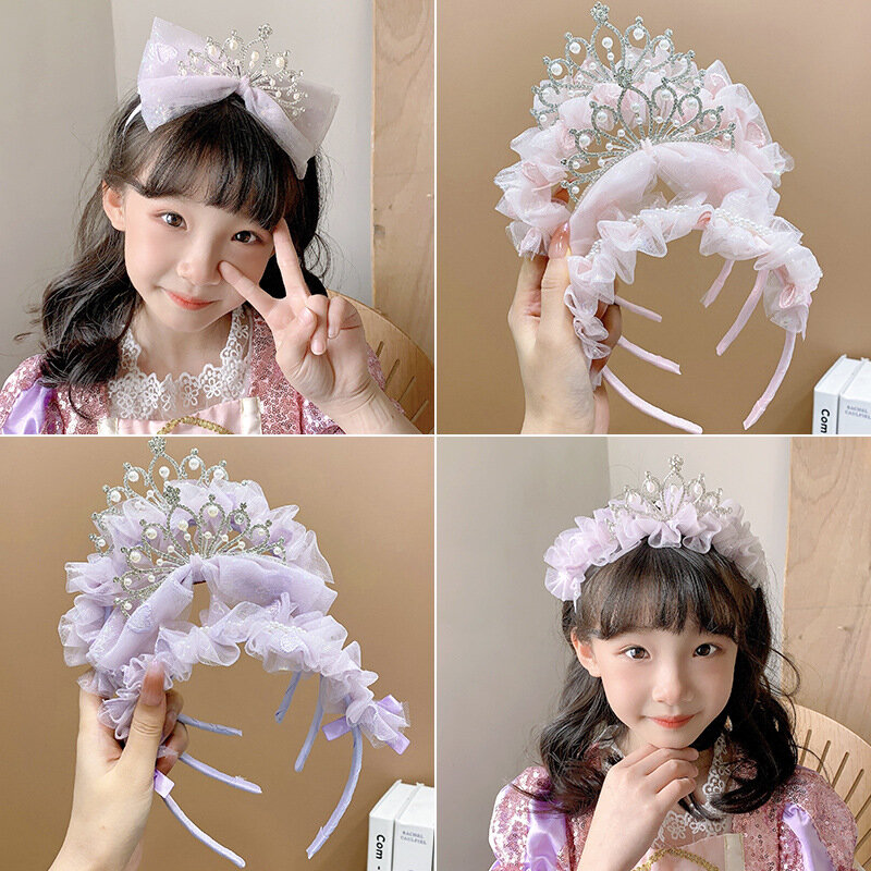 Children's Hairband Blue Purple Pink Lace Headband Cute Princess Crown Headdress Bowknot Bright Diamond Pearl Hair Accessory