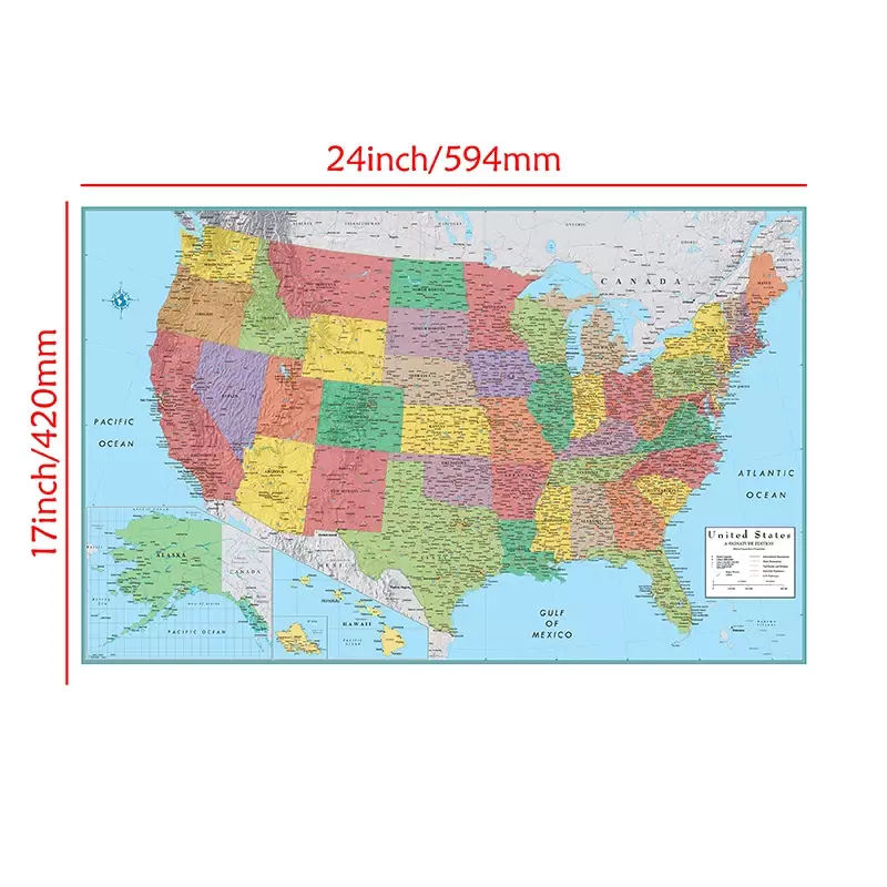Настенный плакат с картой США на английском языке, Нетканая Картина на холсте, принты без рамы, домашний декор, офисные принадлежности 59*42 см
