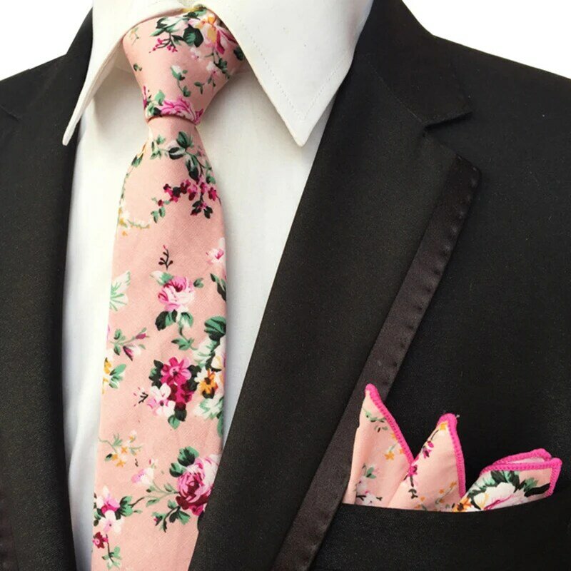 Classic Versatile 6cm Cotton Flower Slim Tie and Handkerchief Set for Wedding Party Gift Office Business Casual Paisley Necktie
