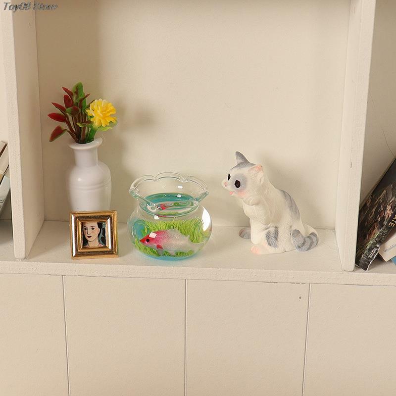 New 3Pcs/set Dollhouse Mini Cat Fish Bowl Potted Ornament Dollhouse Living Room Decoration For 1/12 Dolls House Accessories