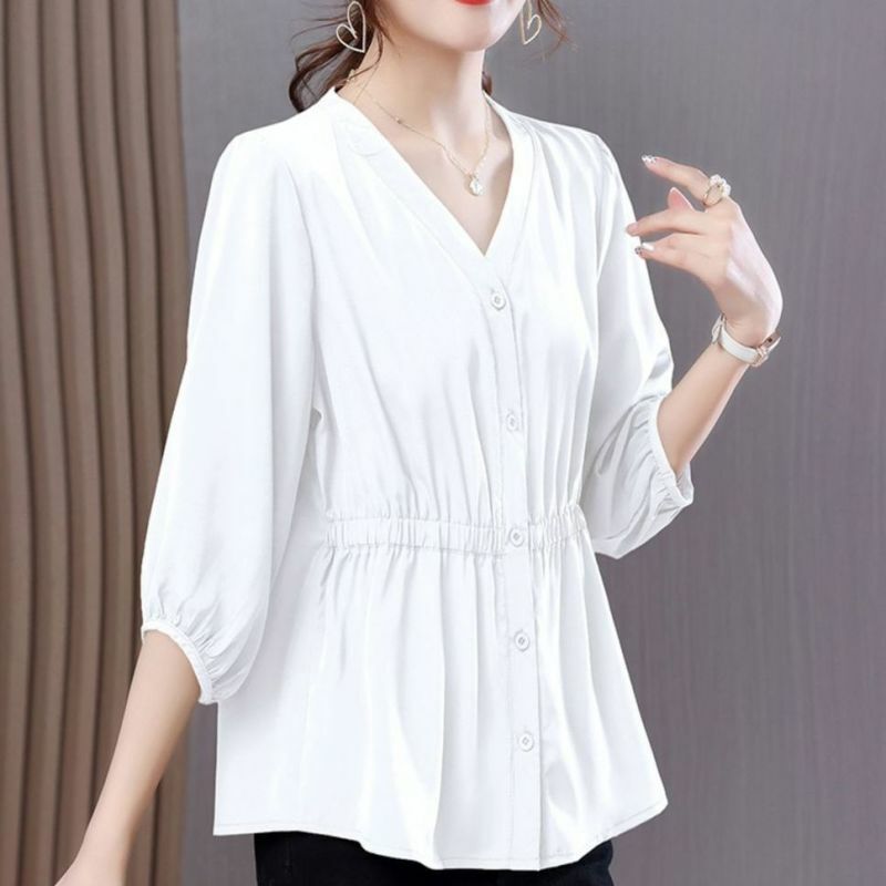 Женская плиссированная рубашка на пуговицах, однотонная свободная офисная рубашка с V-образным вырезом и рукавом 3/4, повседневная одежда в Корейском стиле на лето