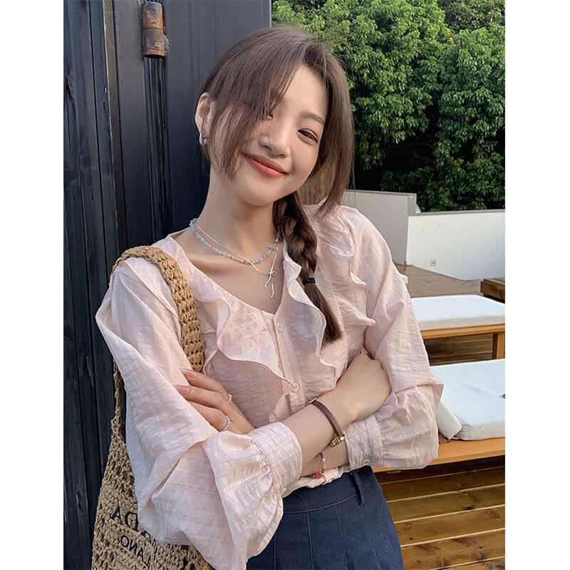 MEXZT Sweet Ruffles Shirts Women Korean Pink V Neck Long Sleeve Blouses Summer Ladies Fashion Elegant Loose Casual Chic Tops New