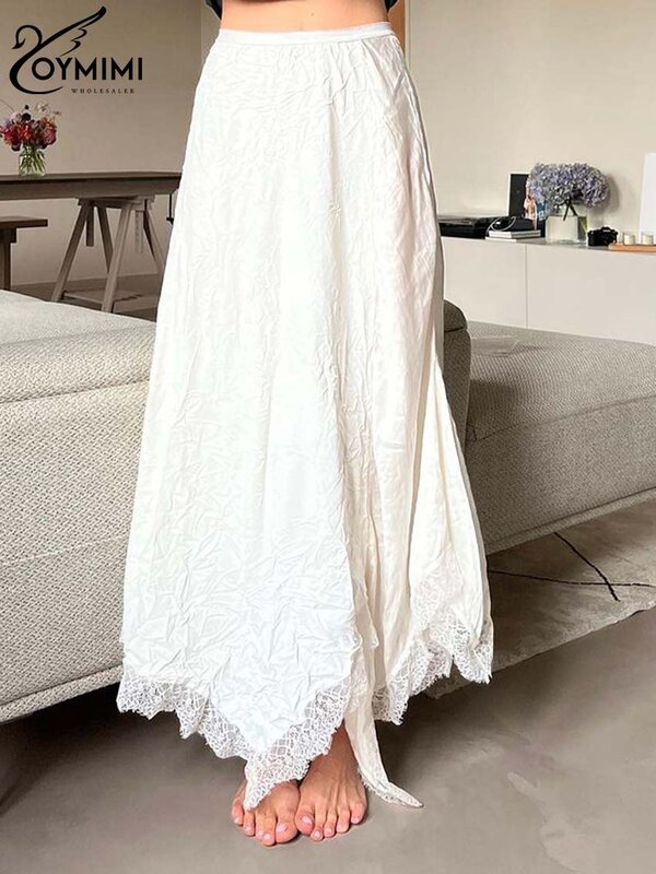 Oymimi rok wanita renda putih, Bawahan kasual pinggang tinggi longgar Streetwear elegan untuk perempuan