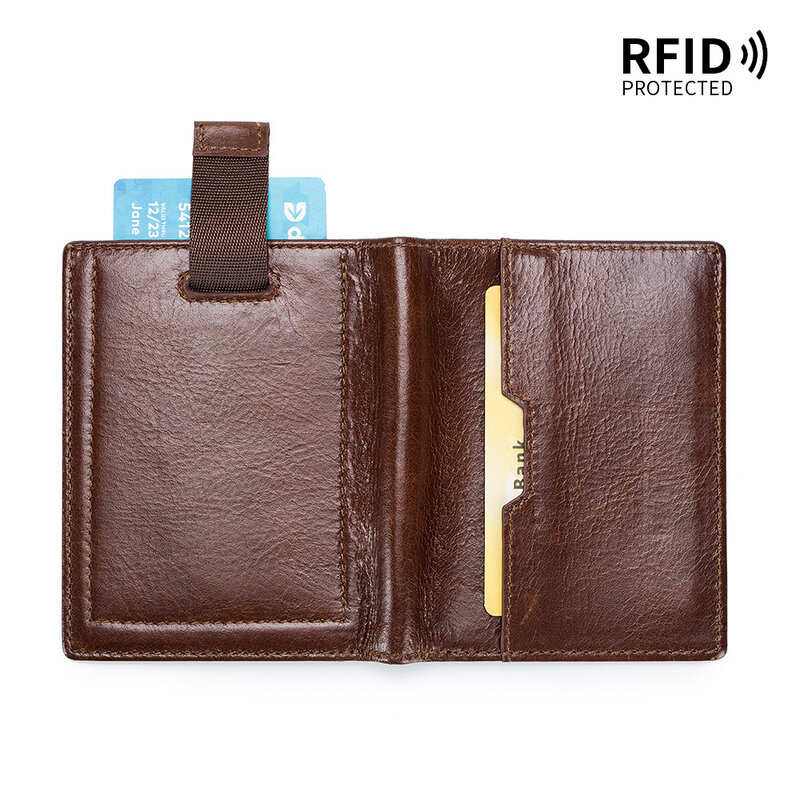 남성용 정품 가죽 단지갑, RFID 차단, 오일 왁스 스킨, 이중 지갑, 신용 카드 지갑, 돈 가방, 빈티지 스타일